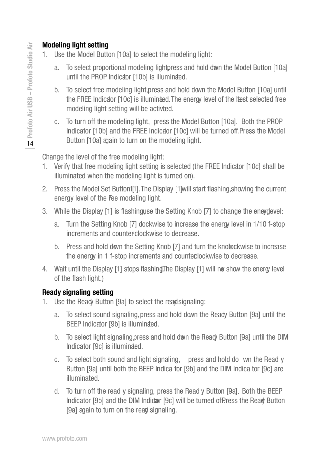 Profoto D1 250 Air, D1 1000 Air, D1 500 Air manual Modeling light setting, Ready signaling setting 