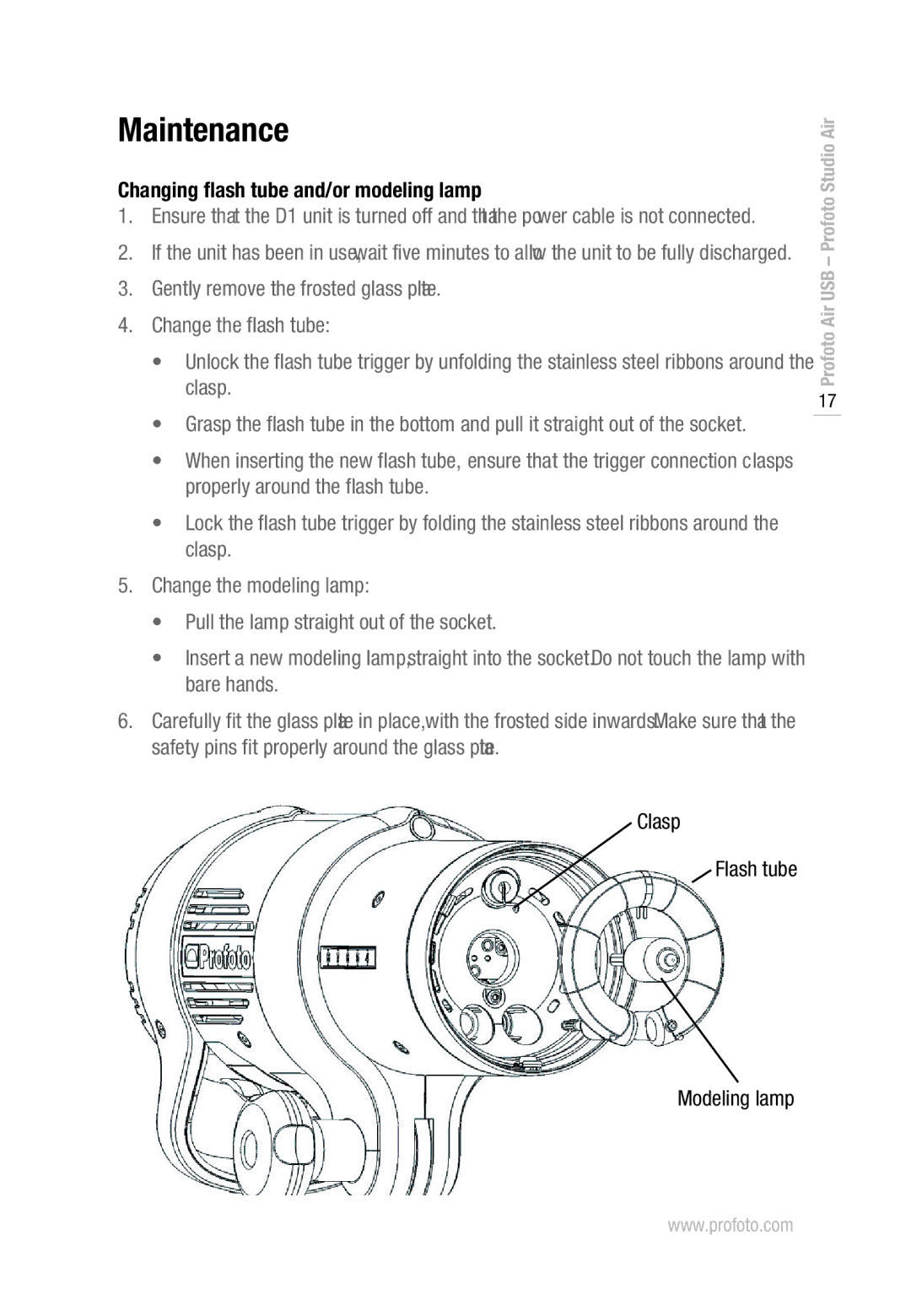 Profoto D1 250 Air, D1 1000 Air manual Maintenance, Changing flash tube and/or modeling lamp, Clasp Flash tube Modeling lamp 