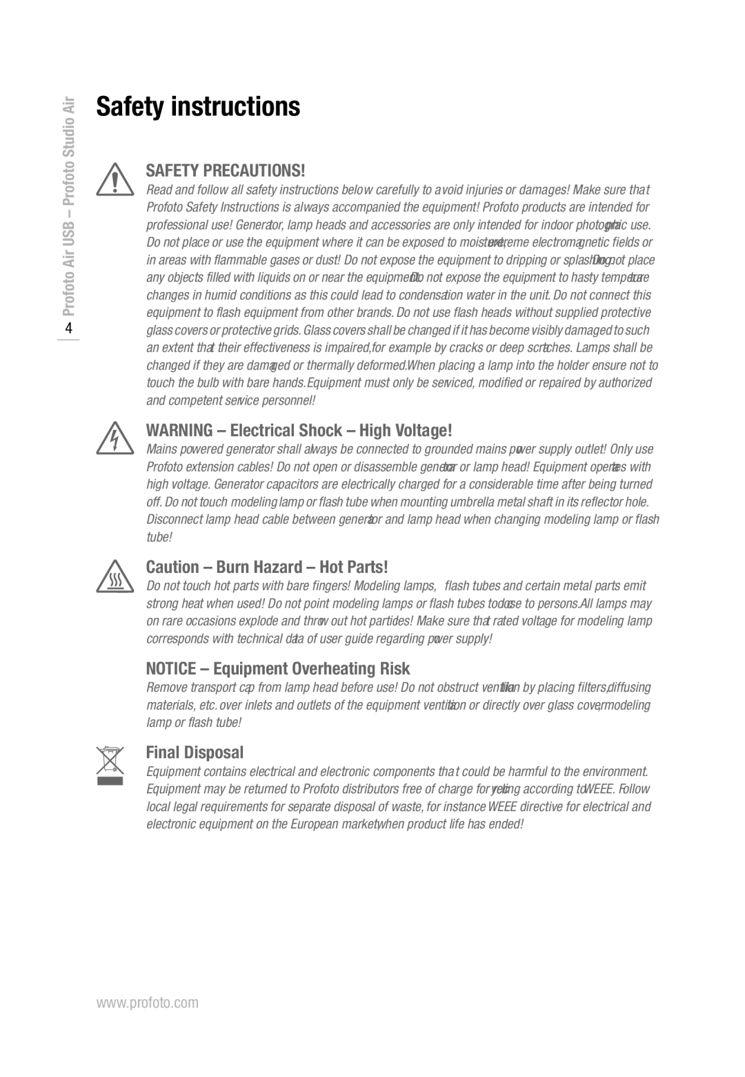 Profoto D1 500 Air, D1 1000 Air, D1 250 Air manual Safety instructions, Safety Precautions 