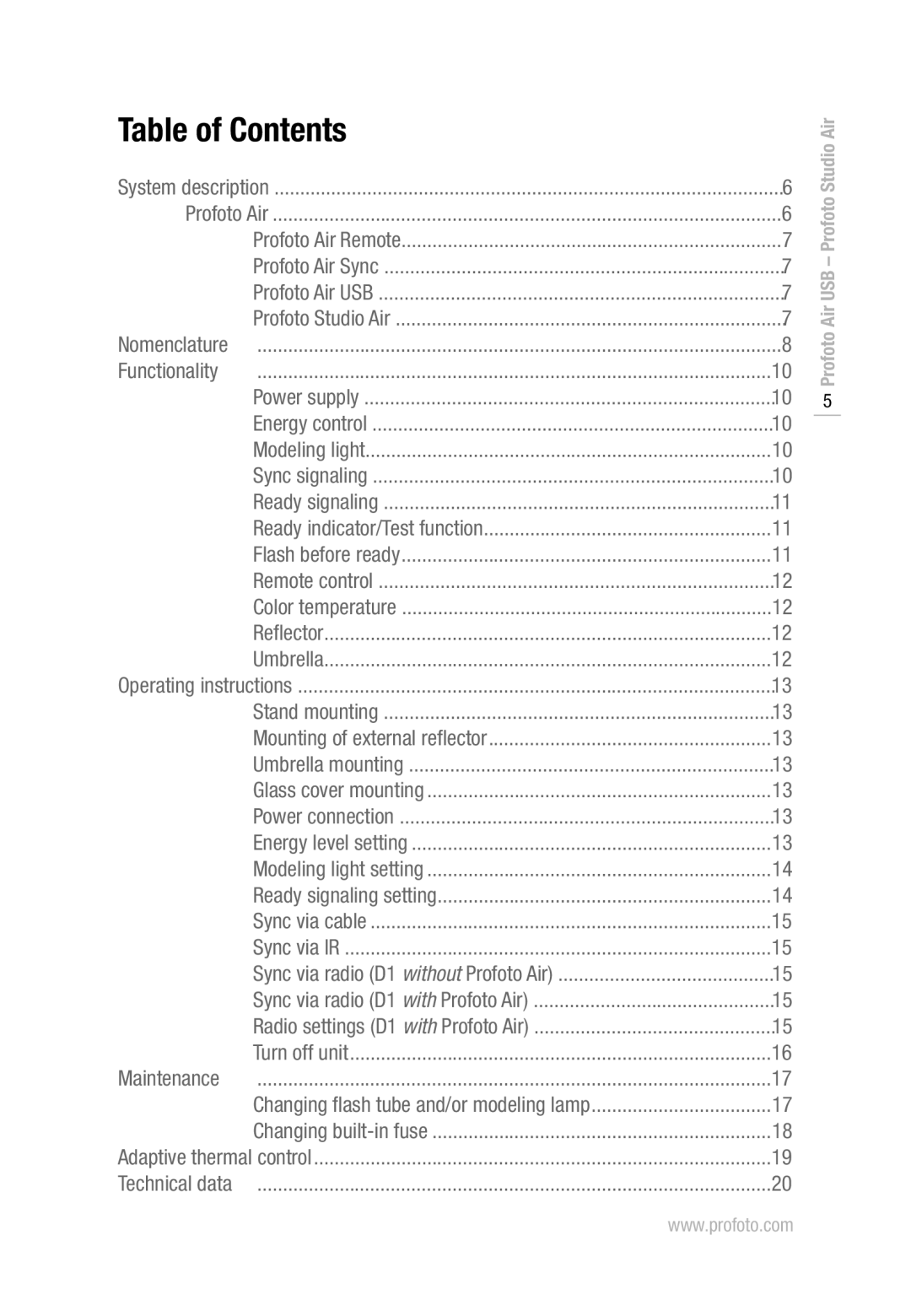 Profoto D1 250 Air, D1 1000 Air, D1 500 Air manual Table of Contents 