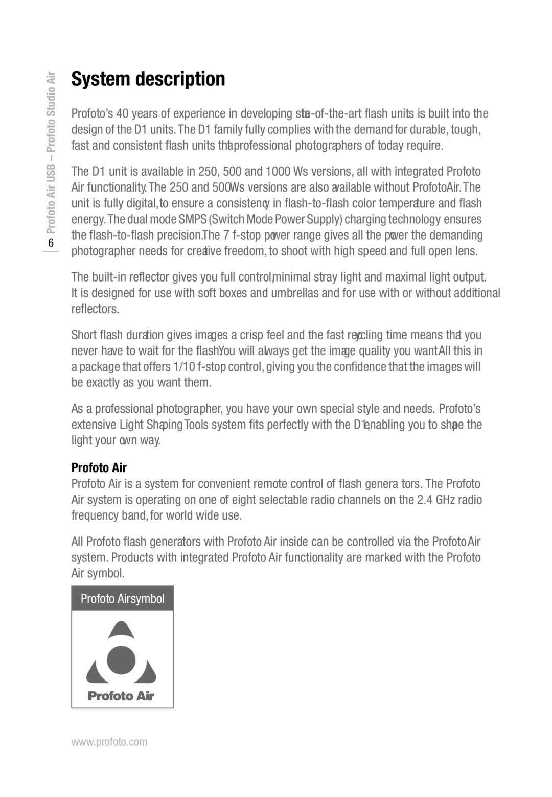 Profoto D1 1000 Air, D1 500 Air, D1 250 Air manual System description, Profoto Air 