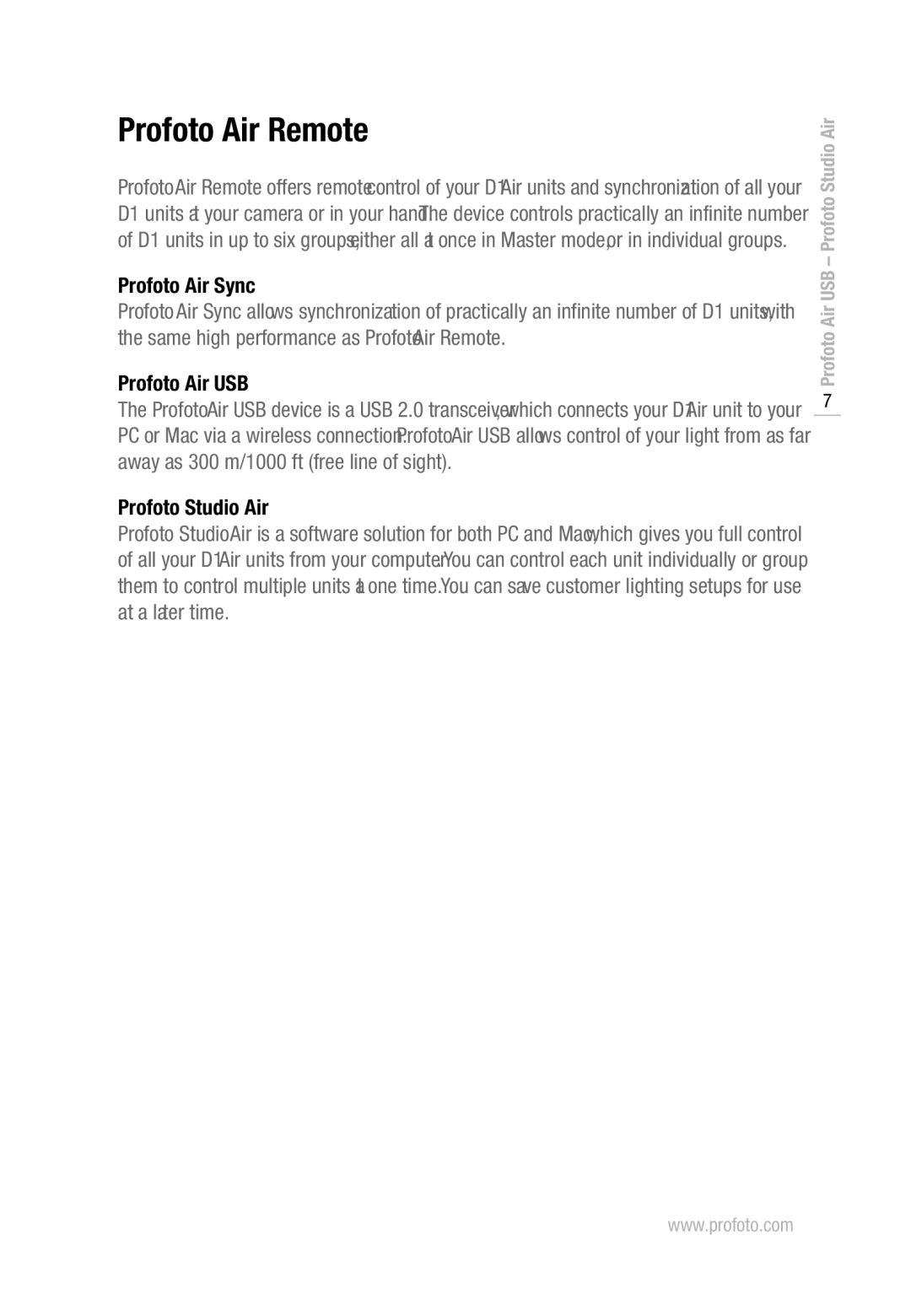 Profoto D1 500 Air, D1 1000 Air, D1 250 Air manual Profoto Air Remote, Profoto Air Sync, Profoto Air USB, Profoto Studio Air 