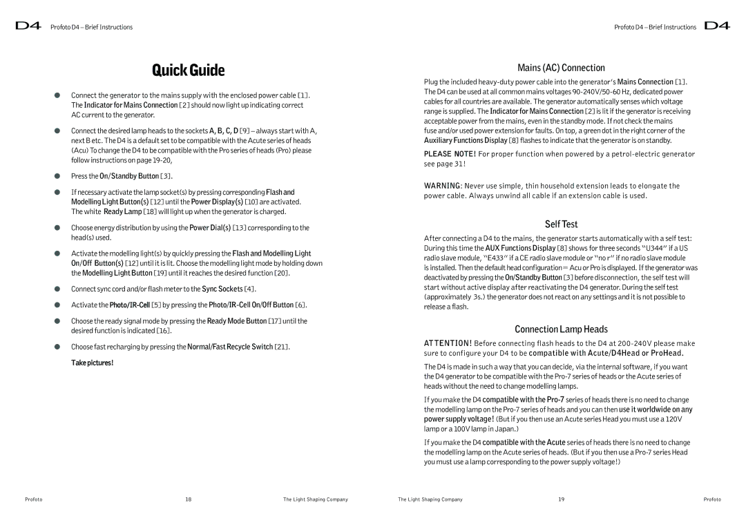 Profoto D4 user manual QuickGuide, Mains AC Connection, Self Test, Connection Lamp Heads, Press the On/Standby Button 