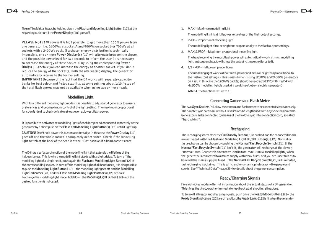 Profoto D4 user manual Modelling Light, Connecting Camera and Flash Meter, Recharging, Ready/Charging Signals 