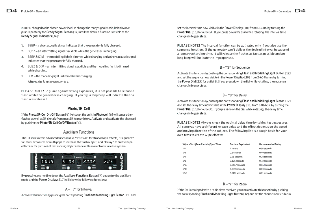 Profoto D4 user manual Photo/IR-Cell, Auxiliary Functions, Ready Signal Indicators 