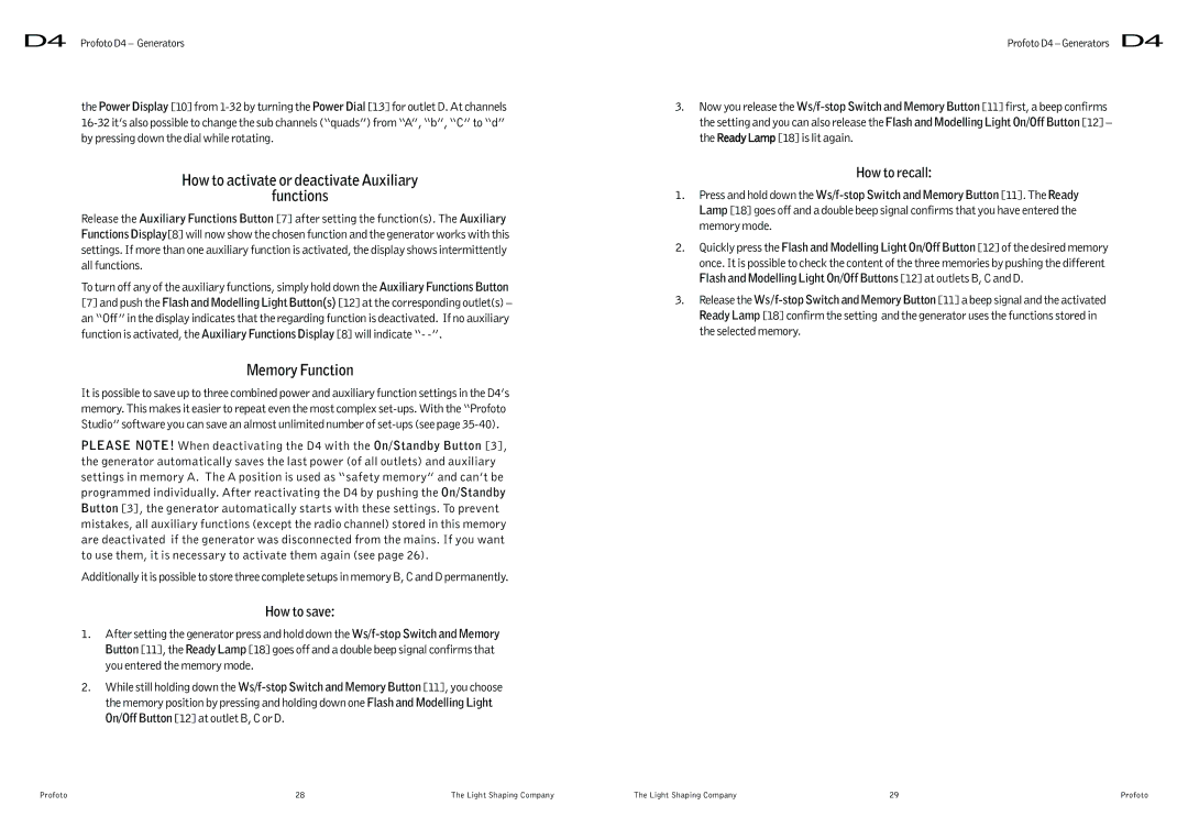 Profoto D4 user manual How to activate or deactivate Auxiliary Functions, Memory Function 