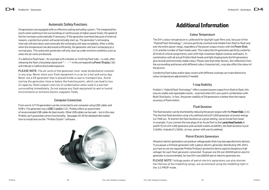 Profoto D4 user manual Additional Information, Automatic Safety Functions 