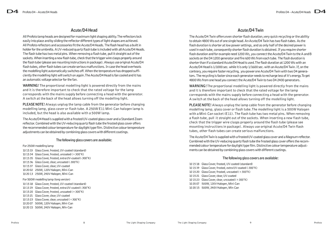 Profoto user manual Acute/D4 Head, Acute/D4 Twin, Following glass covers are available 