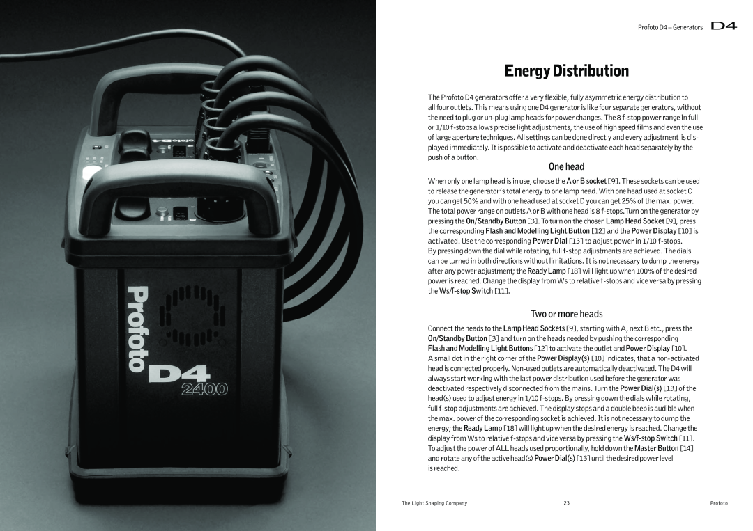 Profoto D4 user manual Energy Distribution, One head, Two or more heads 