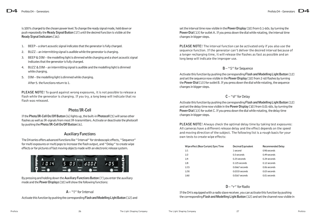Profoto D4 user manual Photo/IR-Cell, Auxiliary Functions, A - “I” for Interval, B - “S” for Sequence, C - “d” for Delay 
