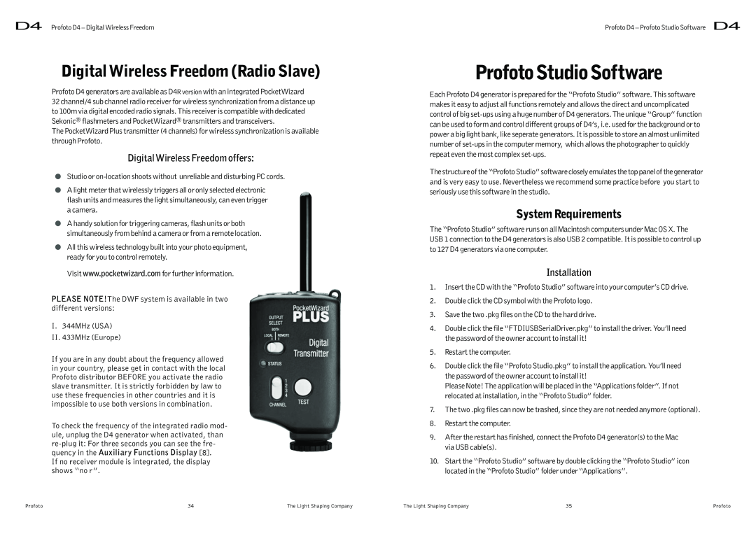 Profoto D4 user manual Profoto Studio Software, Digital Wireless Freedom Radio Slave, System Requirements, Installation 