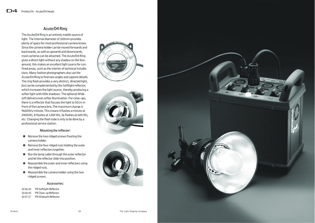 Profoto user manual Acute/D4 Ring, Mounting the reflector, Accessories 