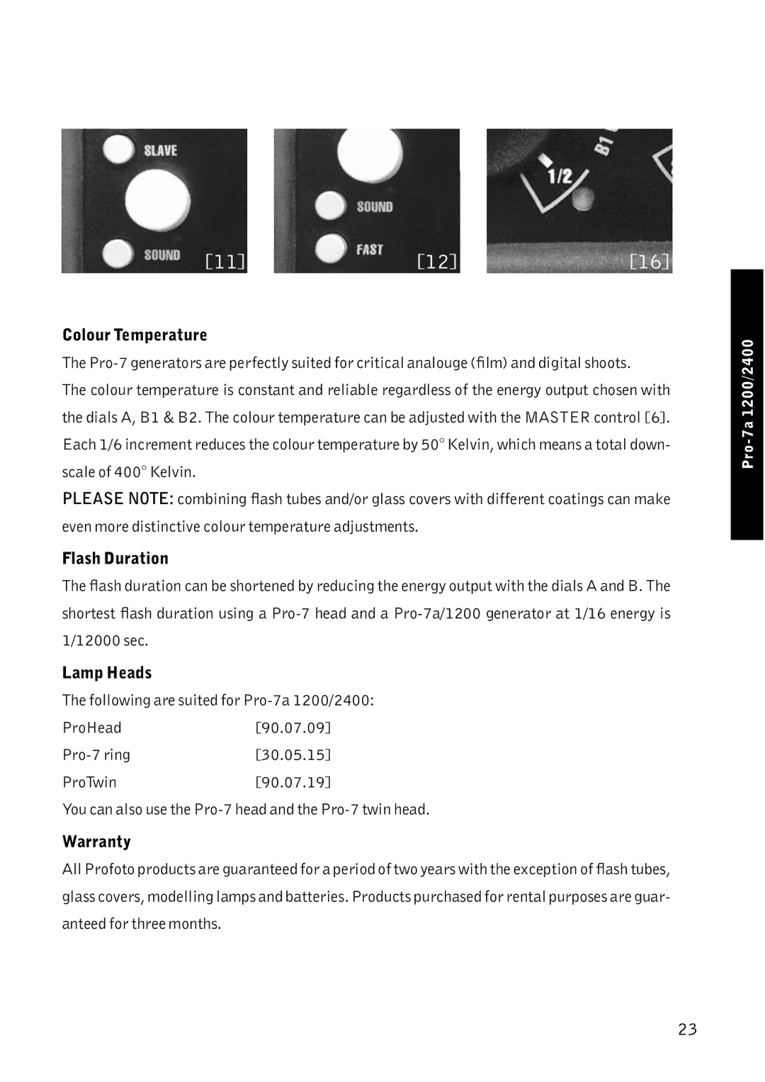 Profoto Pro-7 manual Colour Temperature, Flash Duration, Lamp Heads, Warranty 