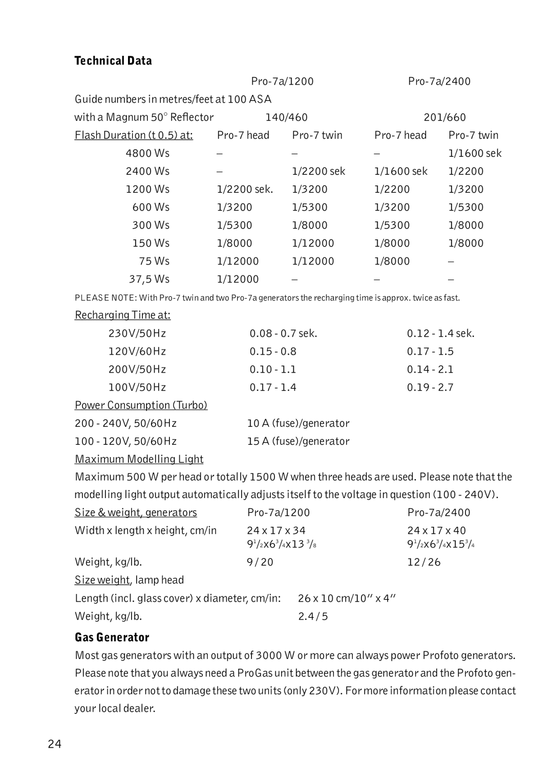 Profoto Pro-7 manual Technical Data, Gas Generator 