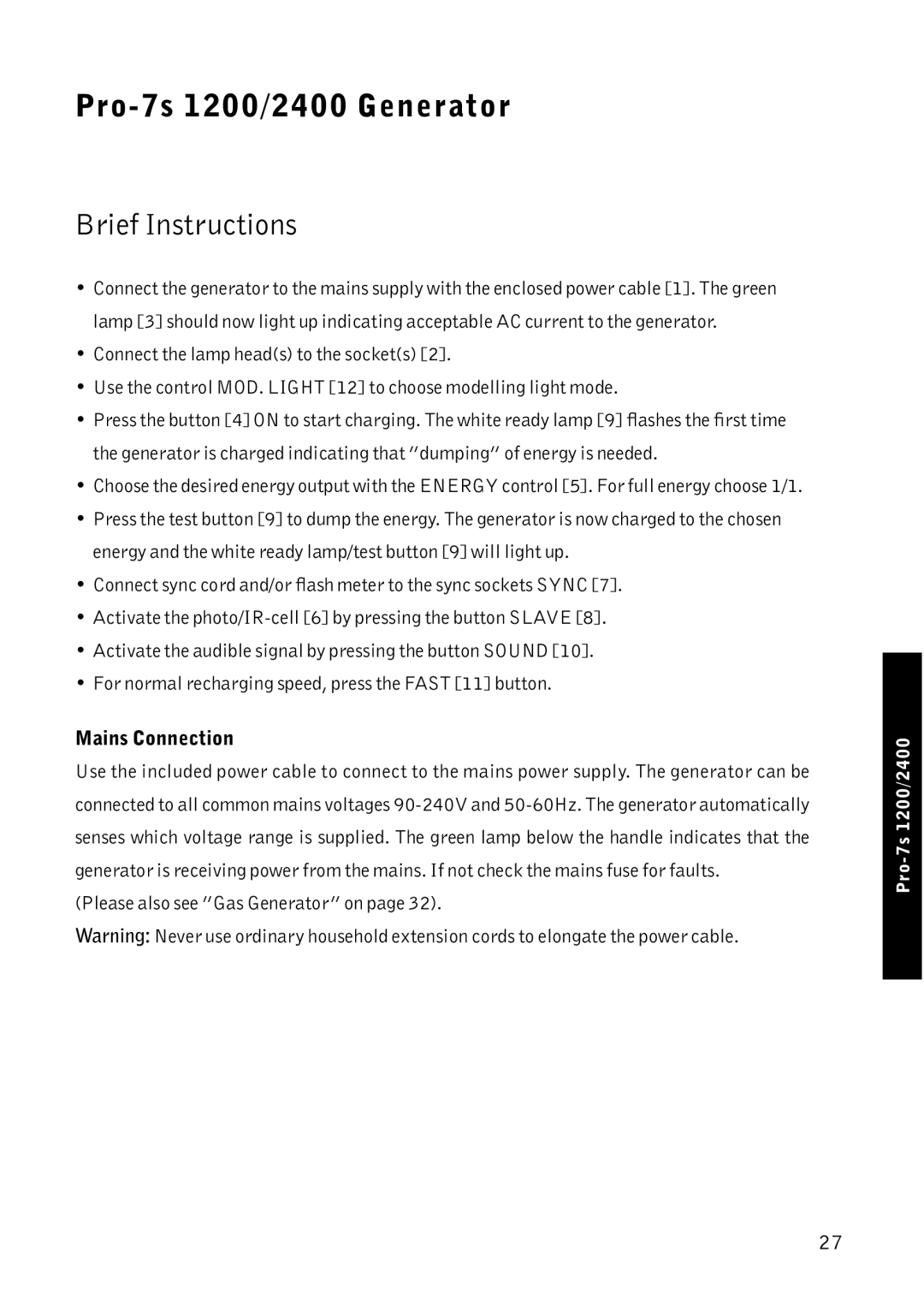 Profoto Pro-7 manual Brief Instructions, Mains Connection 