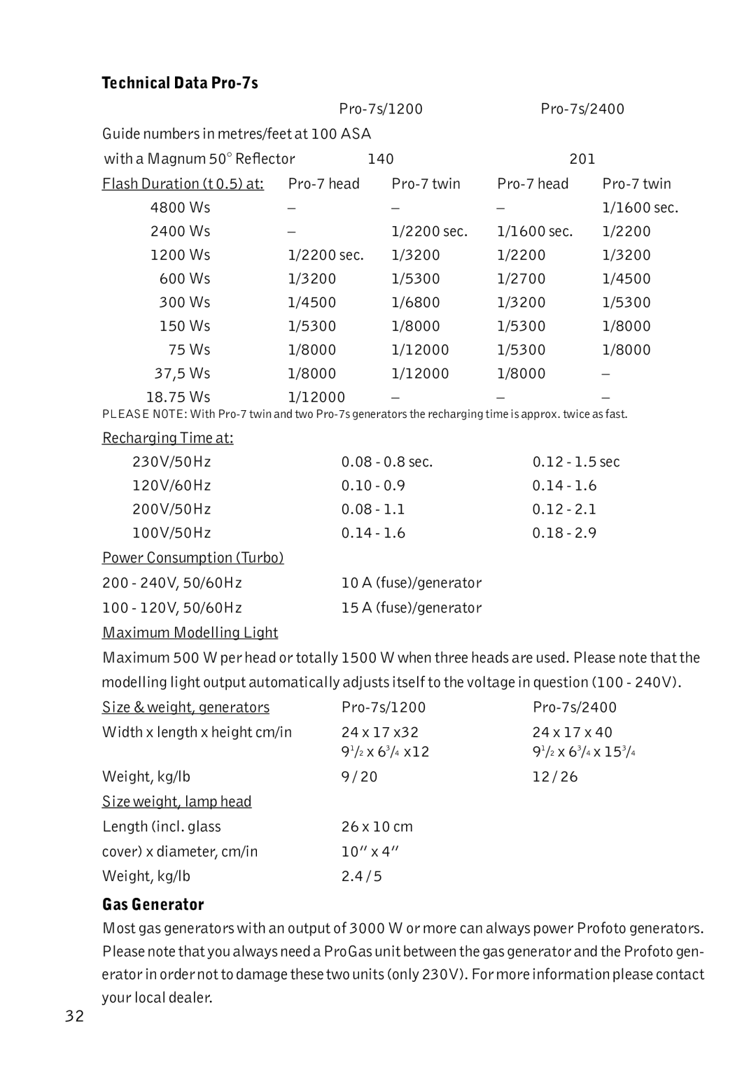 Profoto manual Technical Data Pro-7s, Fuse/generator Maximum Modelling Light 