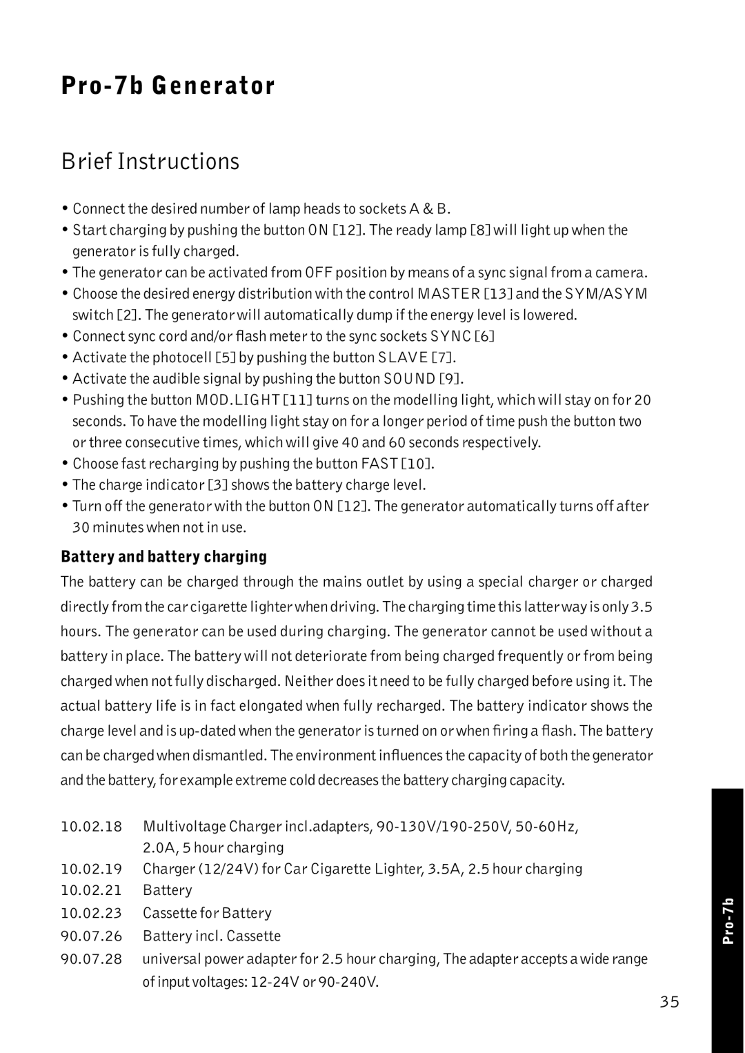 Profoto Pro-7 manual Brief Instructions, Battery and battery charging 