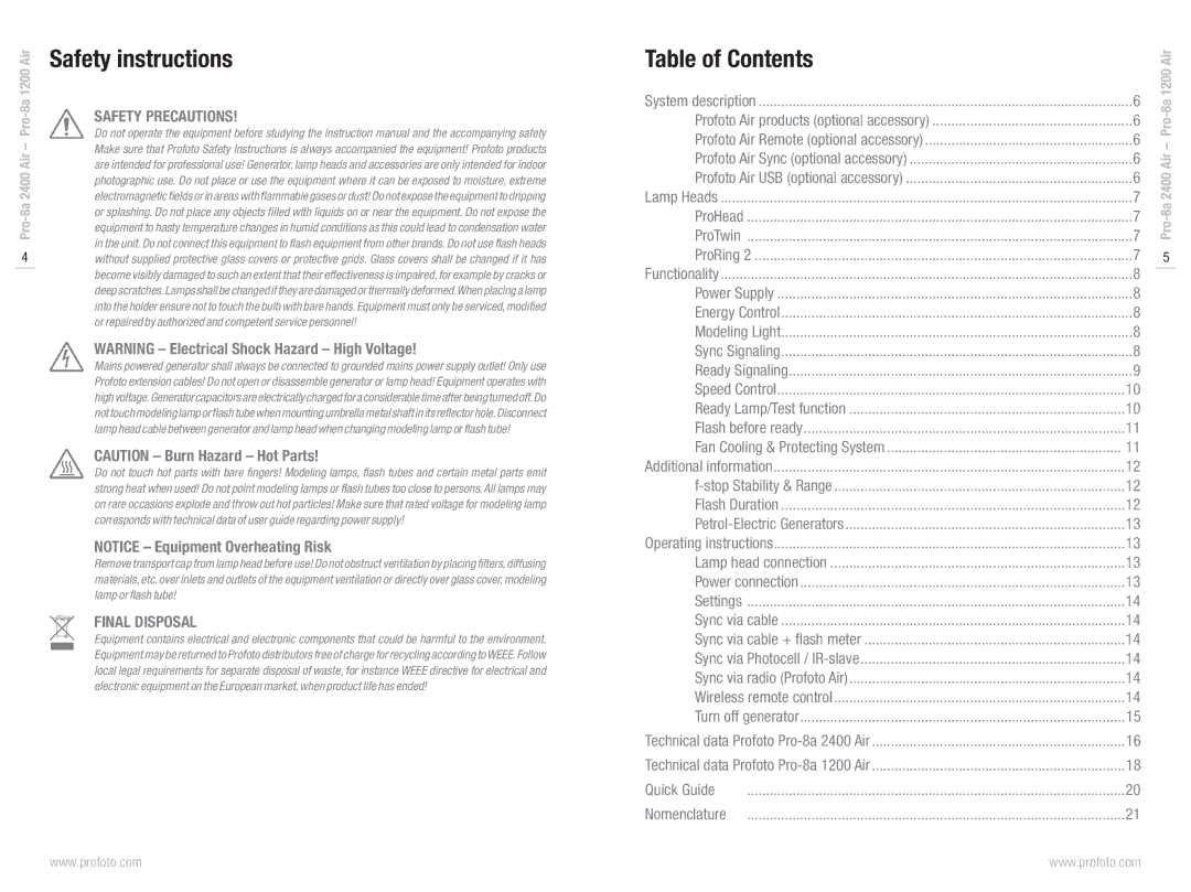 Profoto Pro-8a 1200 Air, Pro-8a 2400 Air manual Table of Contents 