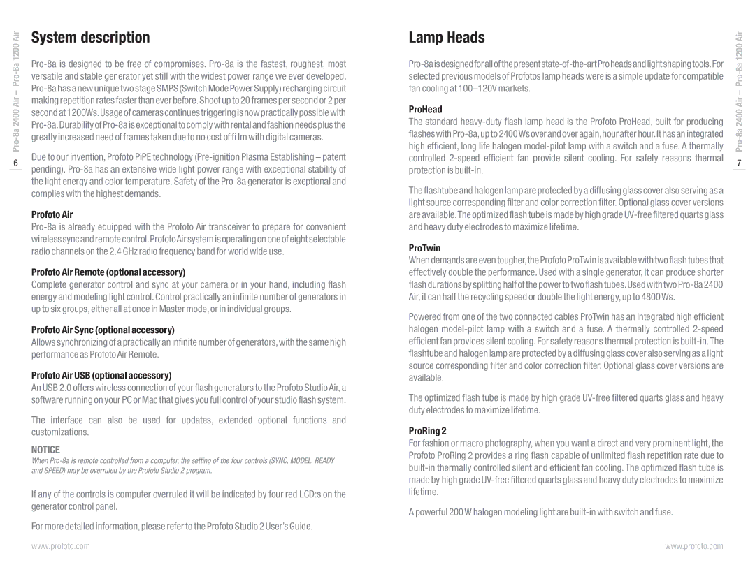 Profoto Pro-8a 2400 Air, Pro-8a 1200 Air manual System description, Lamp Heads 