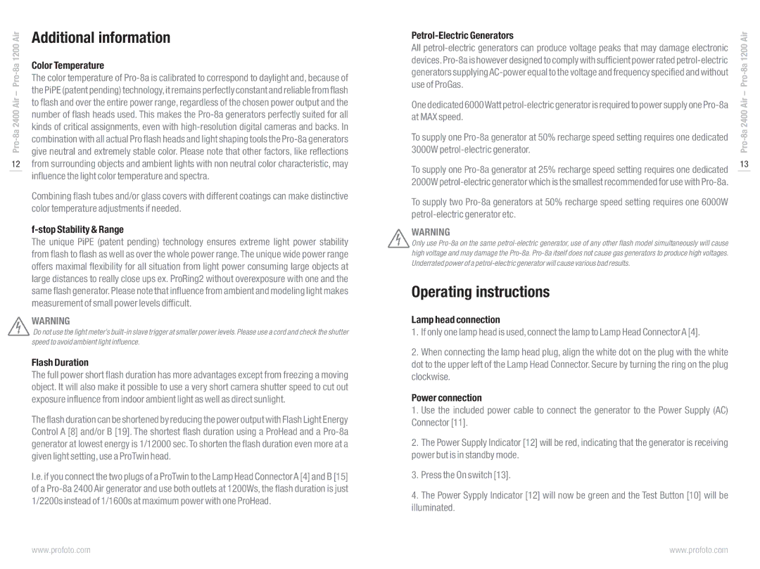 Profoto Pro-8a 1200 Air, Pro-8a 2400 Air manual Additional information, Operating instructions 