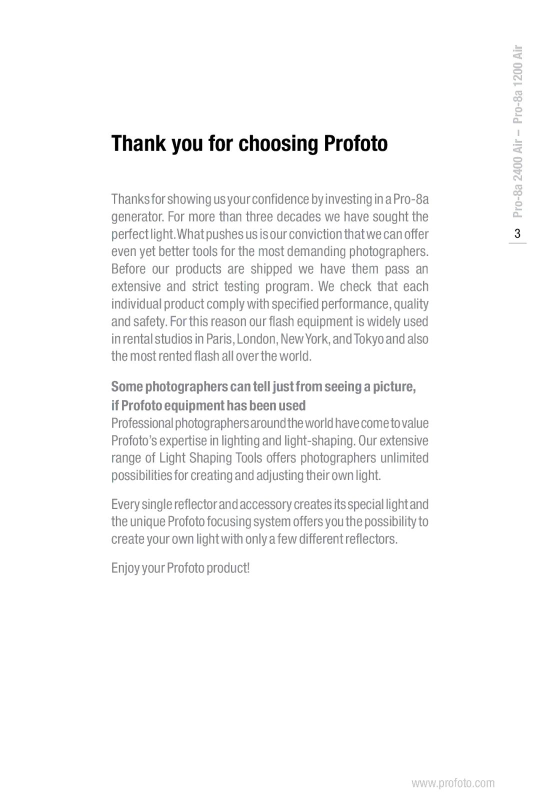 Profoto Pro-8a 1200 Air, Pro-8a 2400 Air manual Thank you for choosing Profoto, Enjoy your Profoto product 