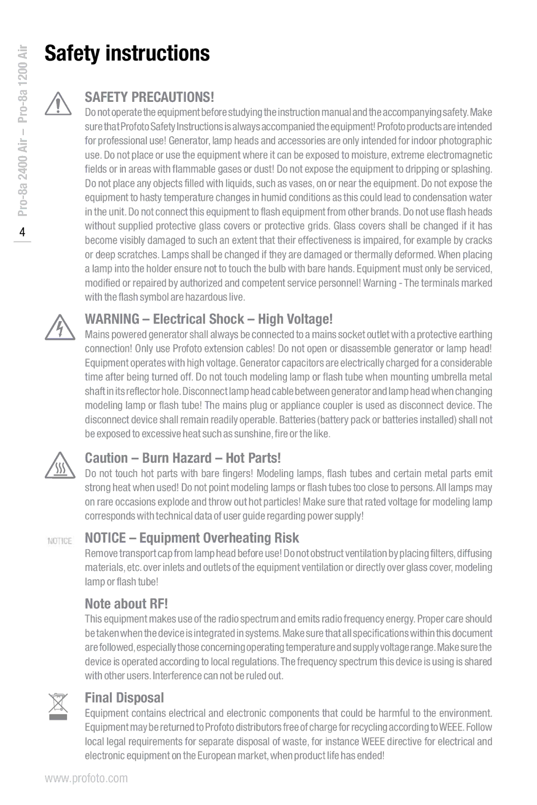 Profoto Pro-8a 2400 Air, Pro-8a 1200 Air manual Safety instructions, Safety Precautions, Final Disposal 