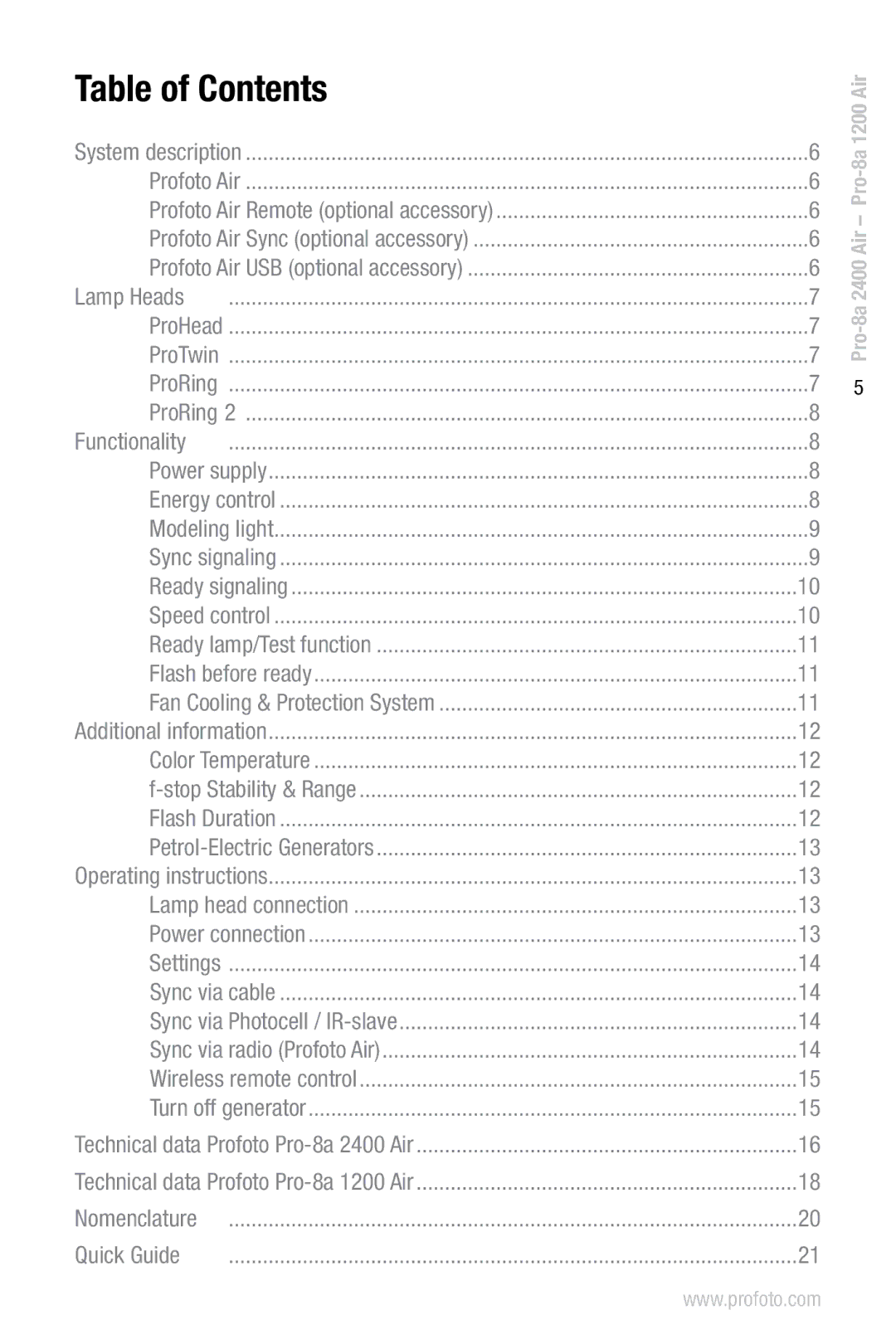 Profoto Pro-8a 1200 Air, Pro-8a 2400 Air manual Table of Contents 