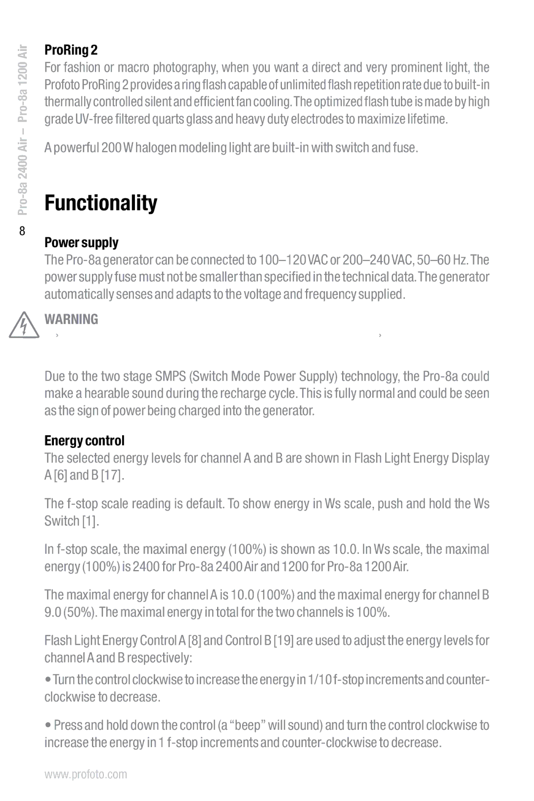 Profoto Pro-8a 2400 Air, Pro-8a 1200 Air manual Functionality, Power supply, Energy control 