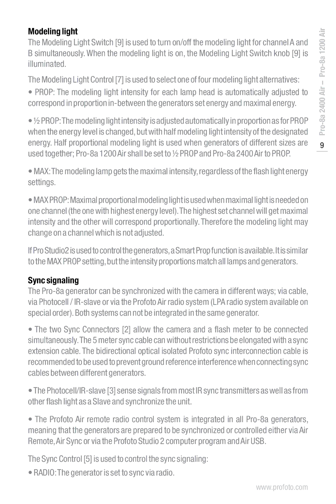 Profoto Pro-8a 1200 Air, Pro-8a 2400 Air manual Modeling light, Sync signaling 