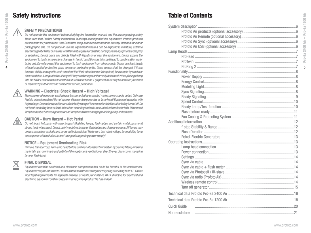 Profoto Pro-8a 1200 Air, Pro-8a 2400 Air manual Safety instructions, Table of Contents 