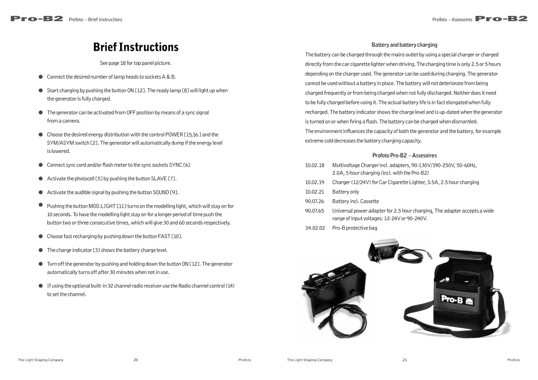 Profoto user manual Battery and battery charging, Profoto Pro-B2 Assesoires 