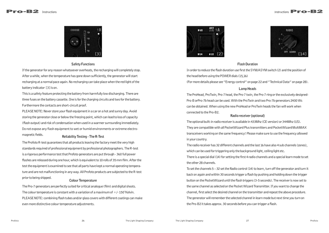 Profoto Pro-B2 user manual Safety Functions, Colour Temperature, Flash Duration, Lamp Heads, Radio receiver optional 