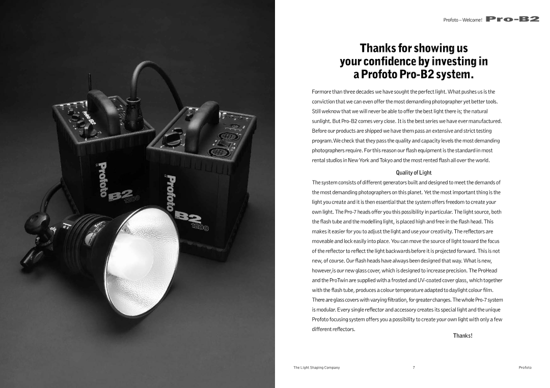 Profoto Pro-B2 user manual Quality of Light, Thanks 