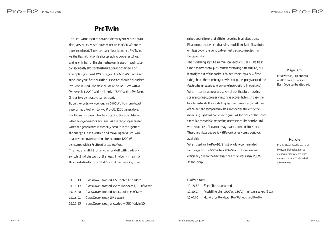 Profoto Pro-B2 user manual ProTwin, Magic arm, Handle 