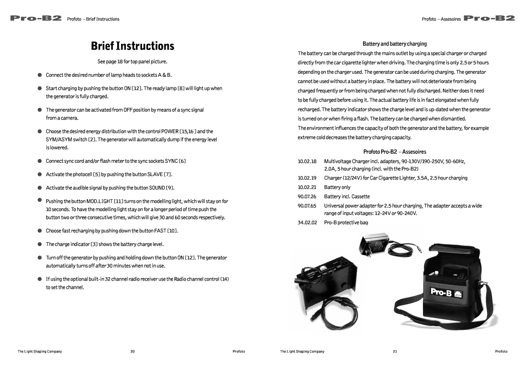 Profoto user manual Battery and battery charging, Profoto Pro-B2- Assesoires 