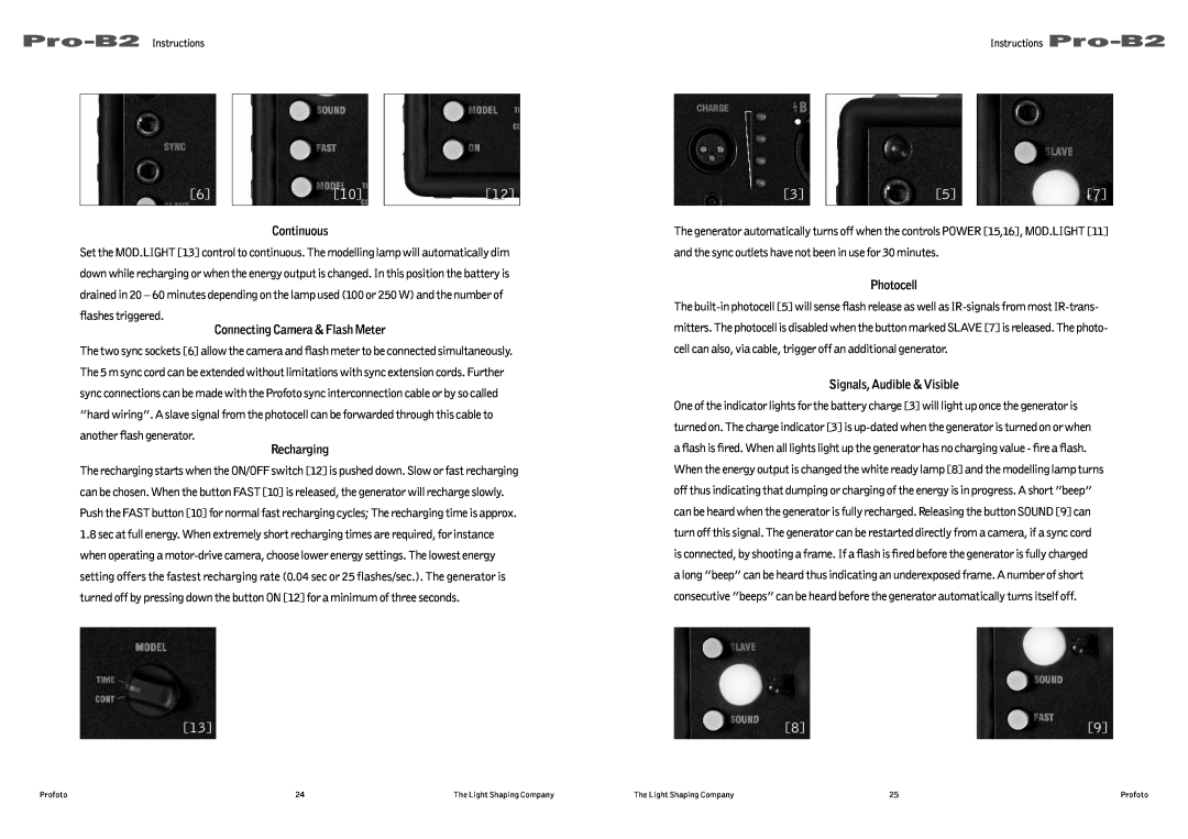 Profoto Pro-B2 user manual Continuous, Connecting Camera & Flash Meter, Recharging, Photocell, Signals, Audible & Visible 