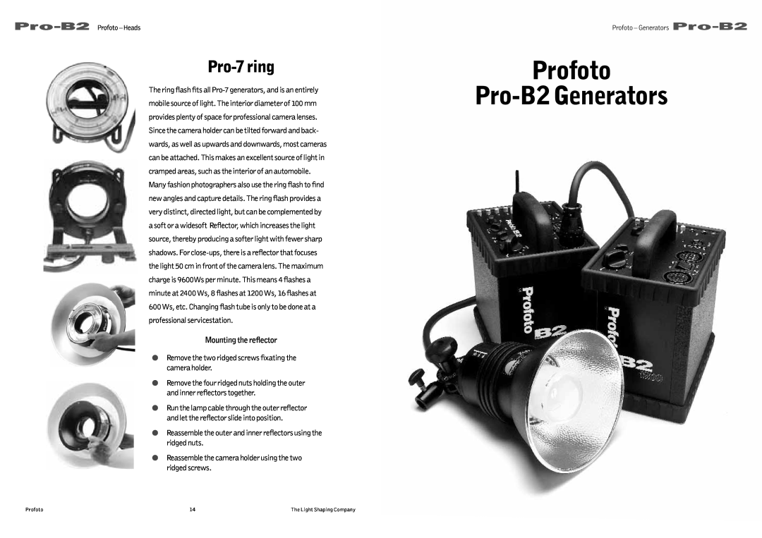 Profoto user manual Pro-7ring, Mounting the reﬂector, Profoto Pro-B2Generators 