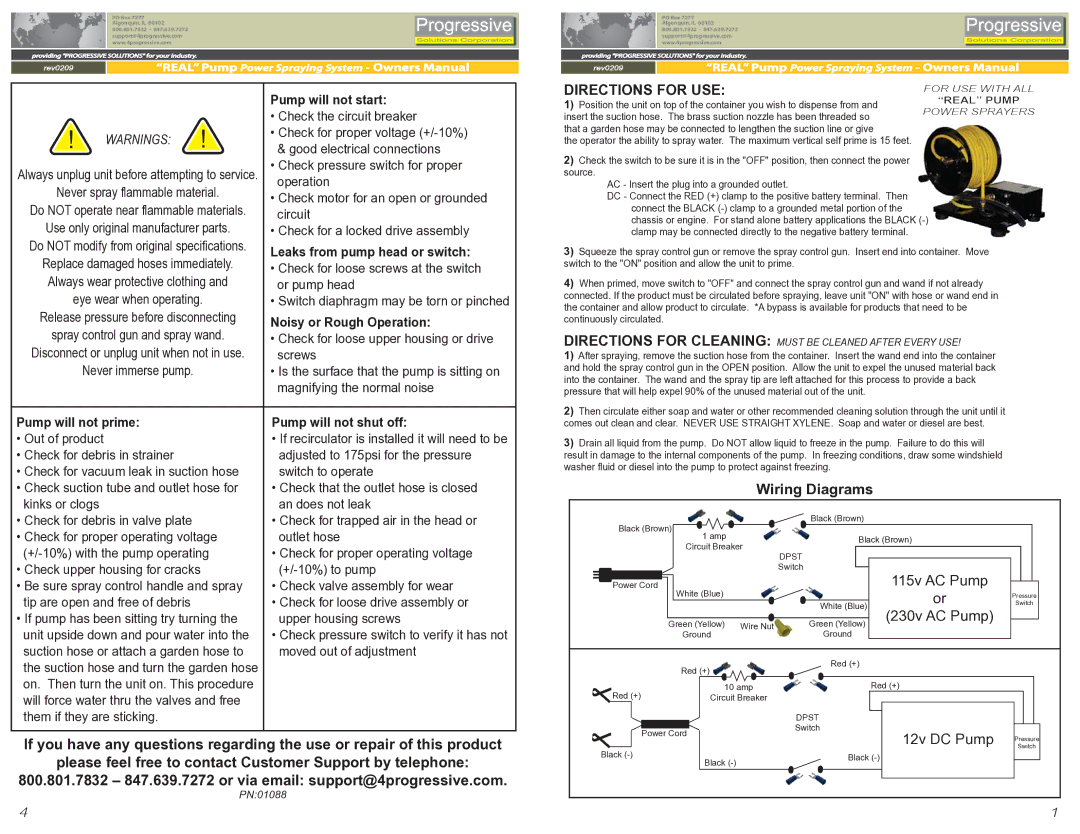 Progressive International Paint Sprayer manual Pump will not start, Leaks from pump head or switch 