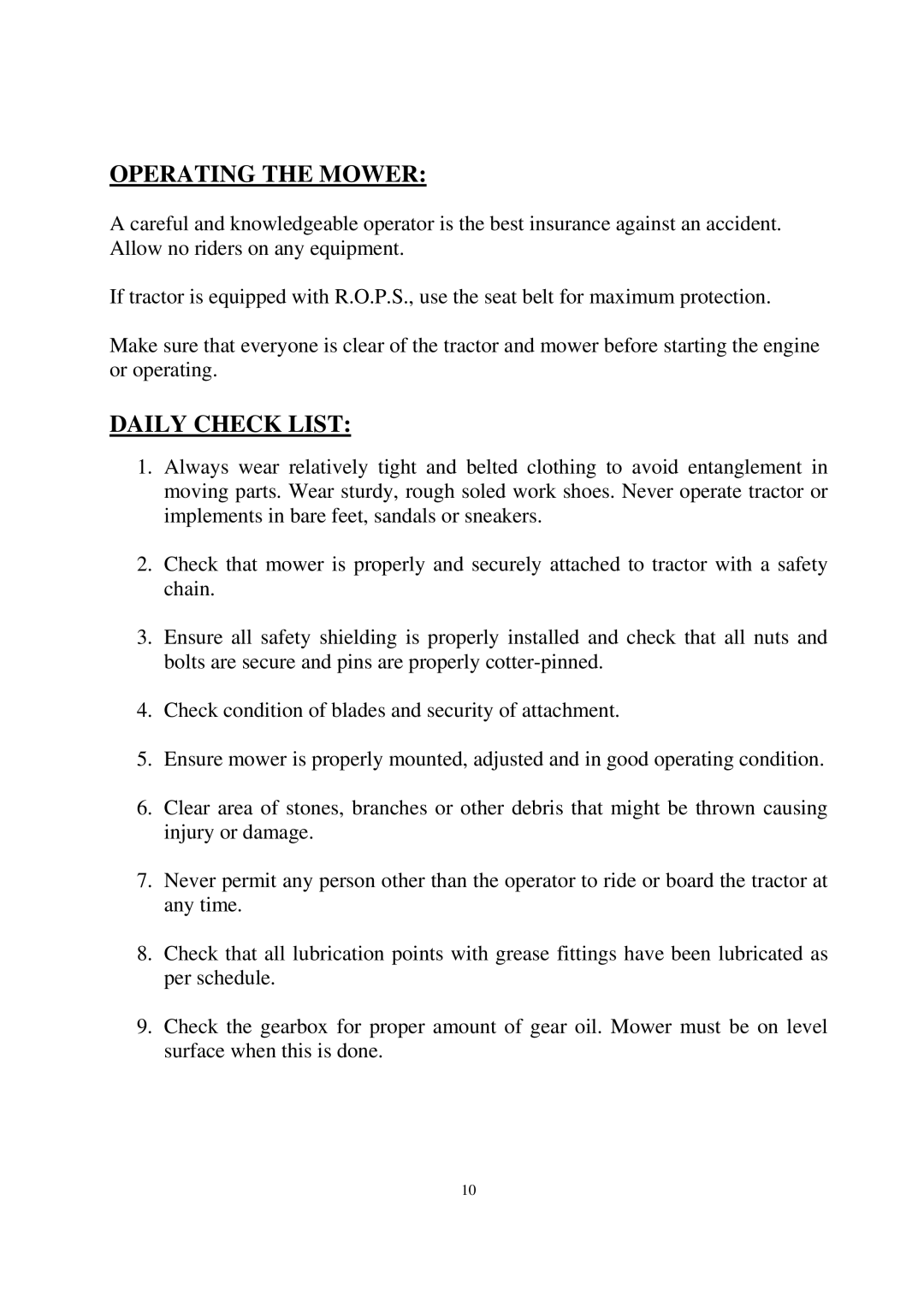 Progressive Turf Equipment SDR65, SDR 90 manual Operating the Mower, Daily Check List 