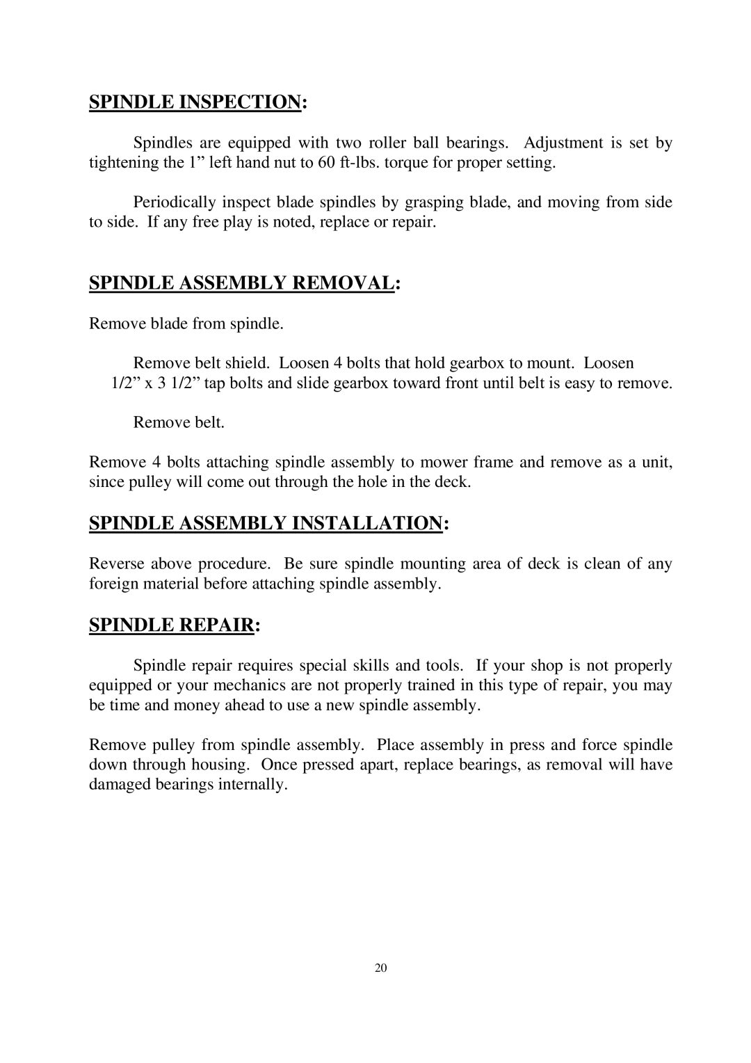 Progressive Turf Equipment SDR65, SDR 90 manual Spindle Inspection, Spindle Assembly Removal, Spindle Assembly Installation 