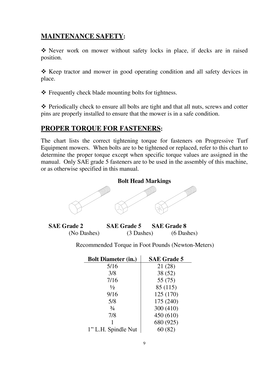 Progressive Turf Equipment SDR 90, SDR65 manual Maintenance Safety, Proper Torque for Fasteners 