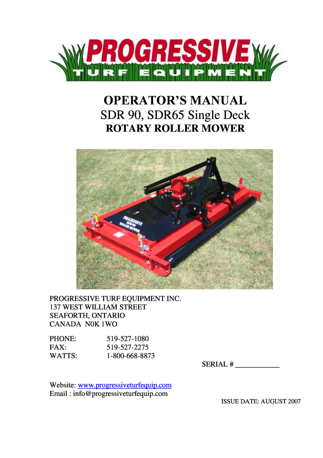 Progressive Turf Equipment manual Rotary Roller Mower, Operator’Smanual, SDR 90, SDR65 Single Deck 