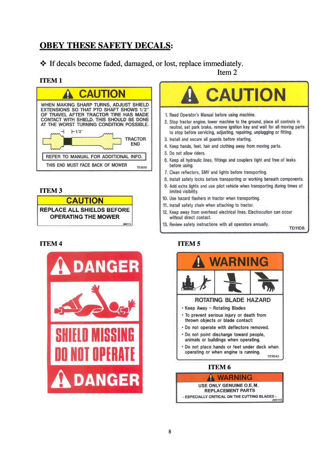 Progressive Turf Equipment SDR65 Obey These Safety Decals,  If decals become faded, damaged, or lost, replace immediately 