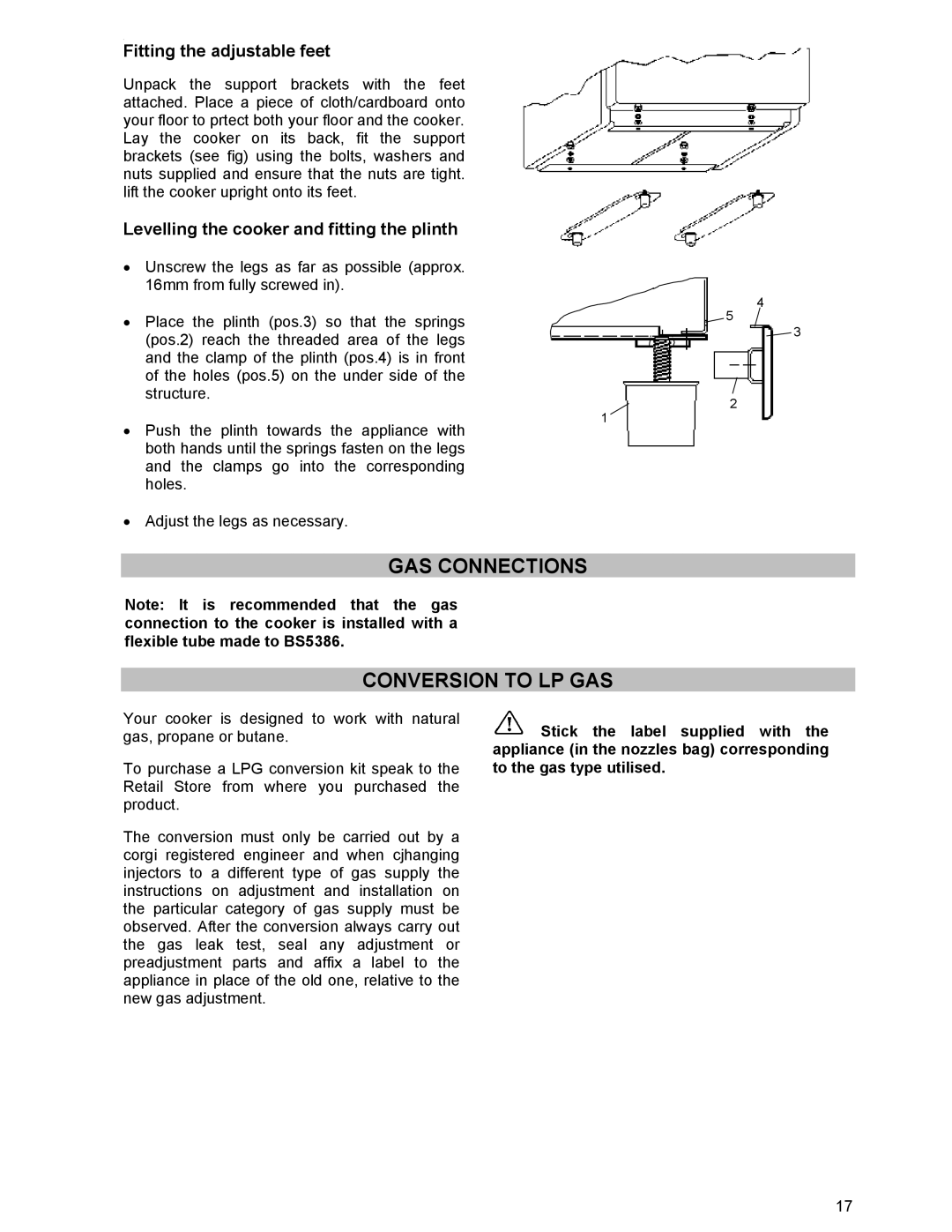 Prolific Tech EFG 502 manual GAS Connections Conversion to LP GAS, Fitting the adjustable feet 