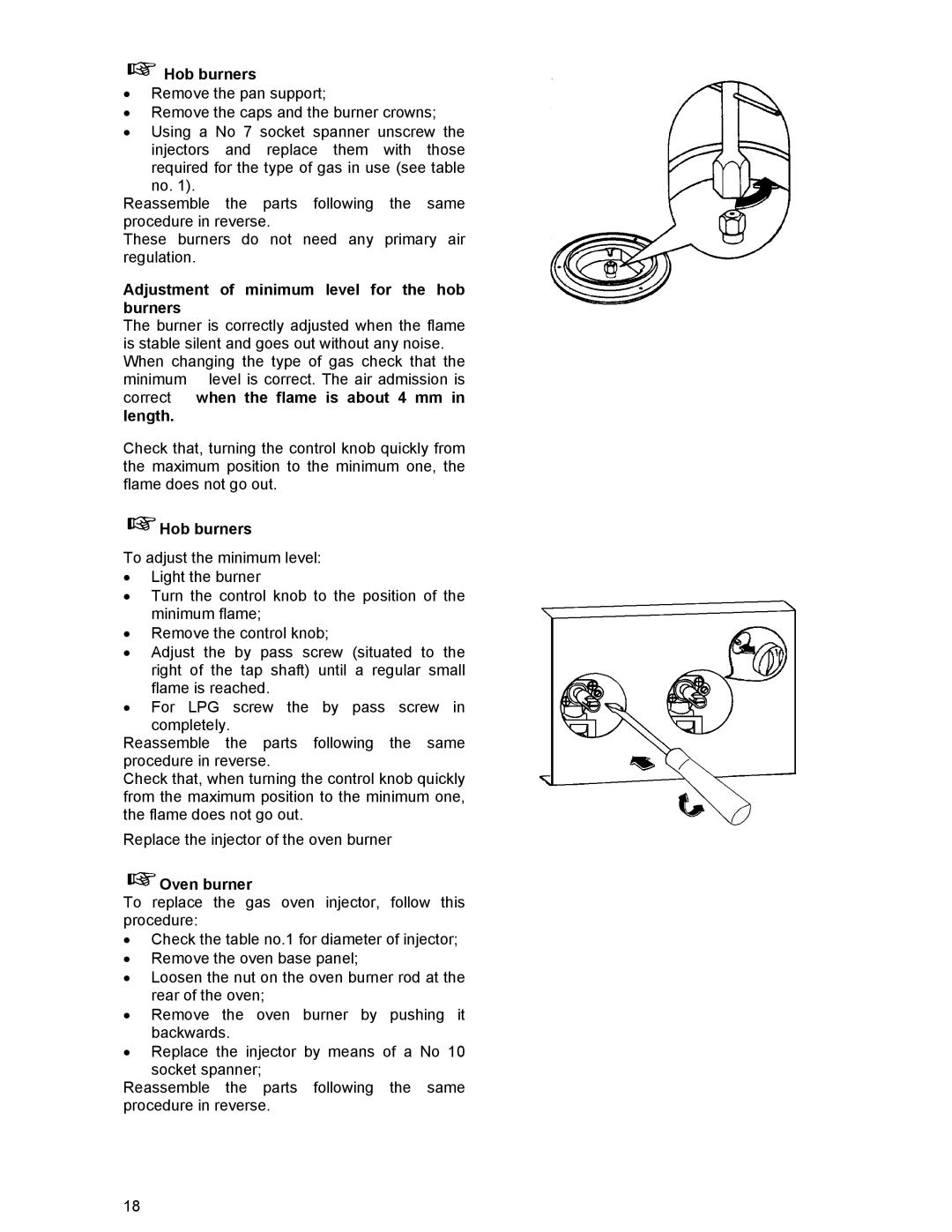 Prolific Tech EFG 502 manual Adjustment of minimum level for the hob burners, Oven burner 