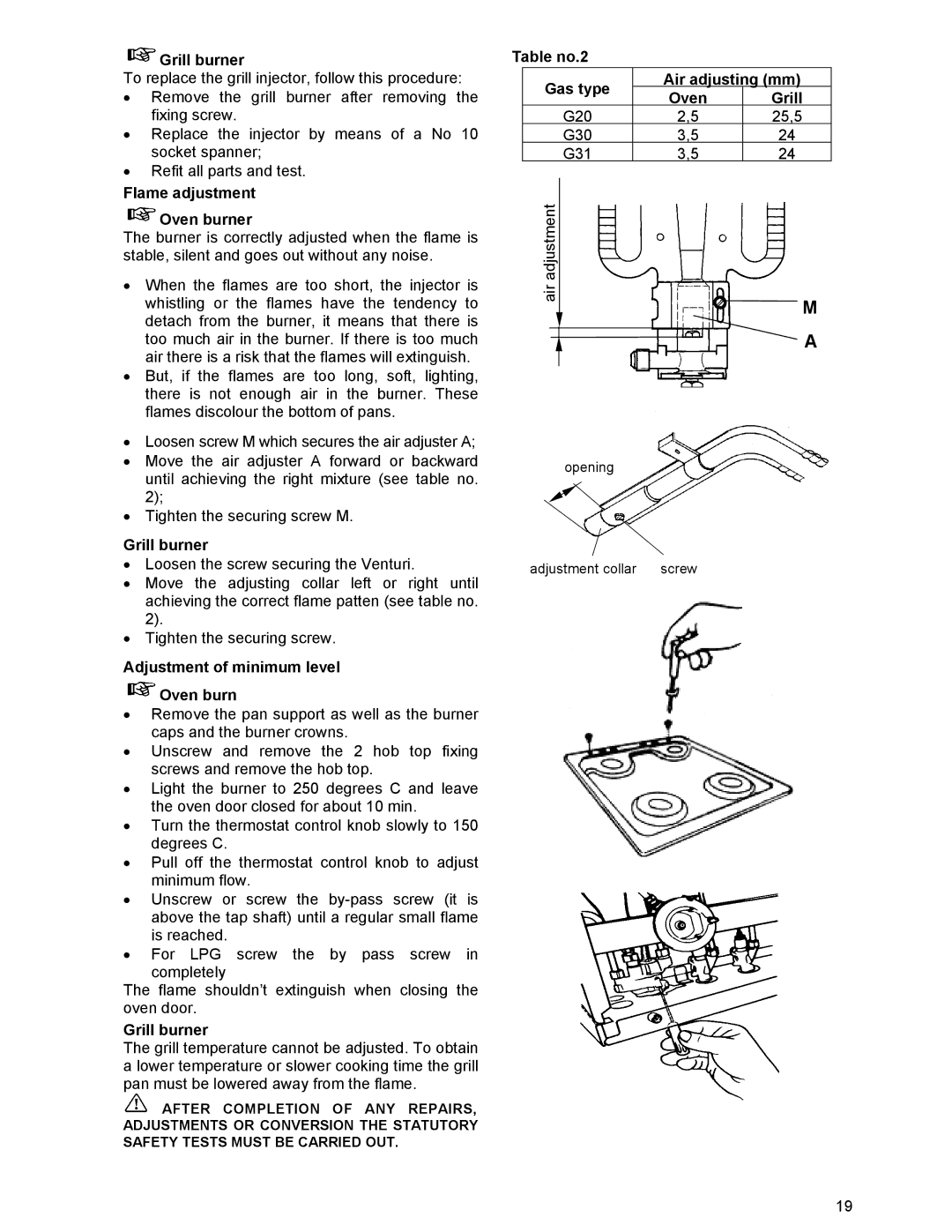 Prolific Tech EFG 502 manual Grill burner, Flame adjustment Oven burner, Adjustment of minimum level Oven burn 