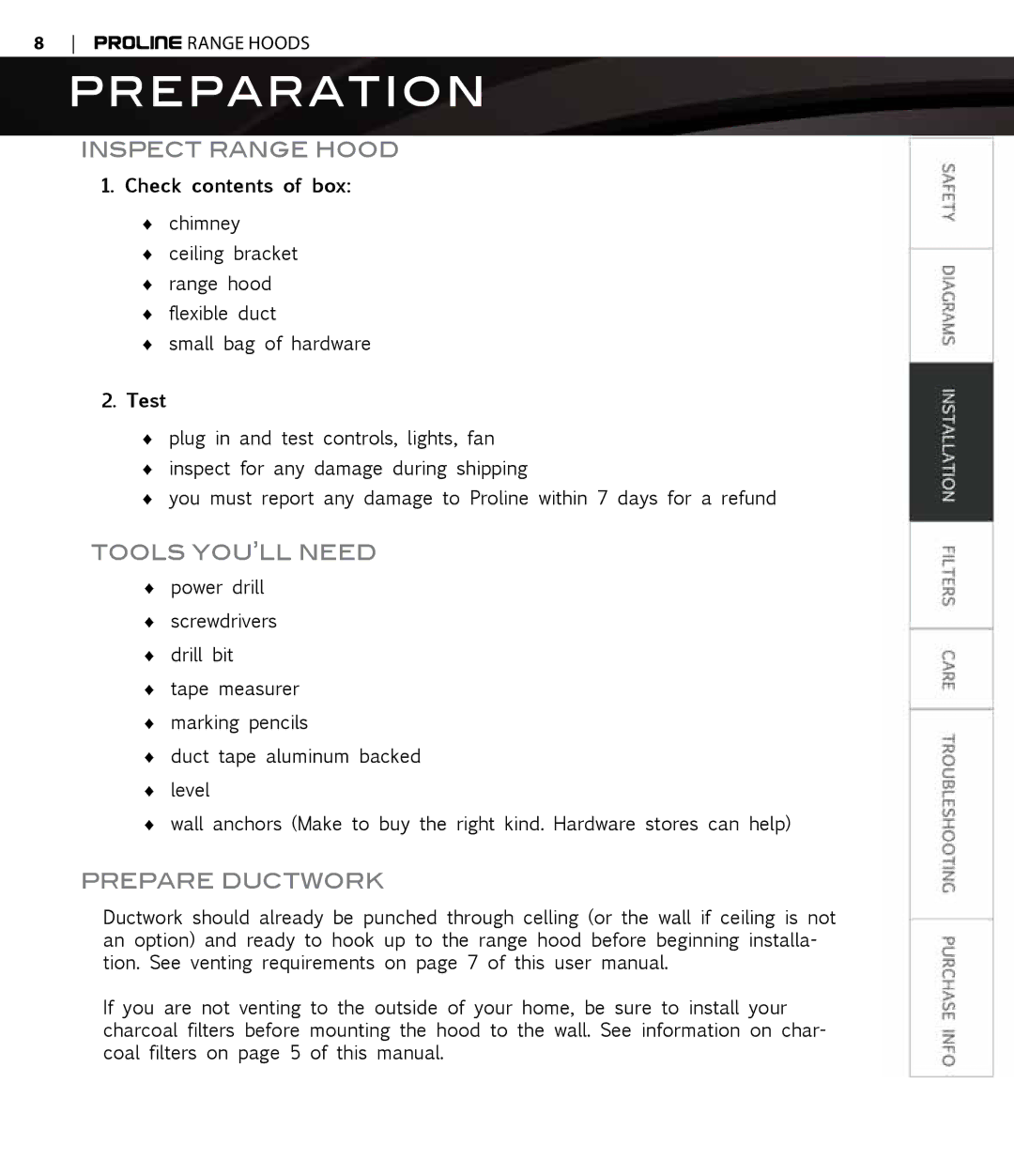 Proline PLFW812, PLFI750, PLFW544, PLFI543, PLFW543 Preparation, Inspect Range Hood, Tools YOU’LL Need, Prepare Ductwork 