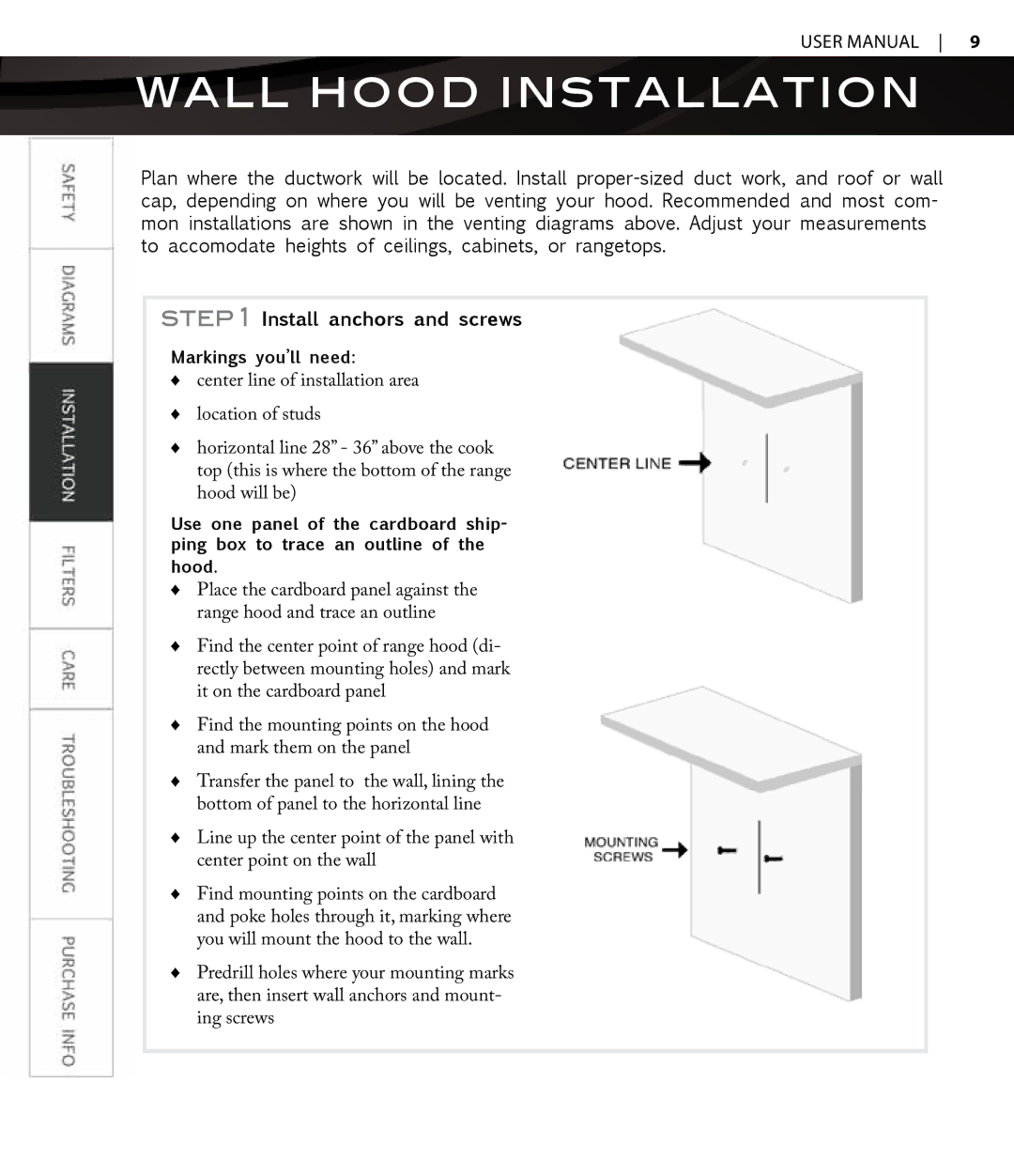 Proline PLFW544, PLFI750, PLFW812, PLFI543, PLFW543, PLFW832, PLFI544 Wall Hood Installation, Install anchors and screws 