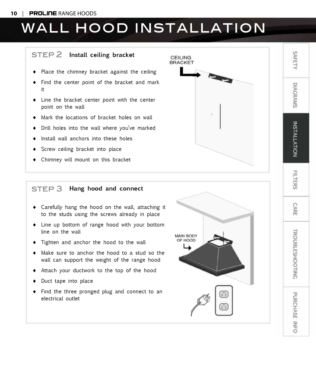 Proline PLFI543, PLFI750, PLFW812, PLFW544, PLFW543, PLFW832, PLFI544, PLFW520 Install ceiling bracket, Hang hood and connect 