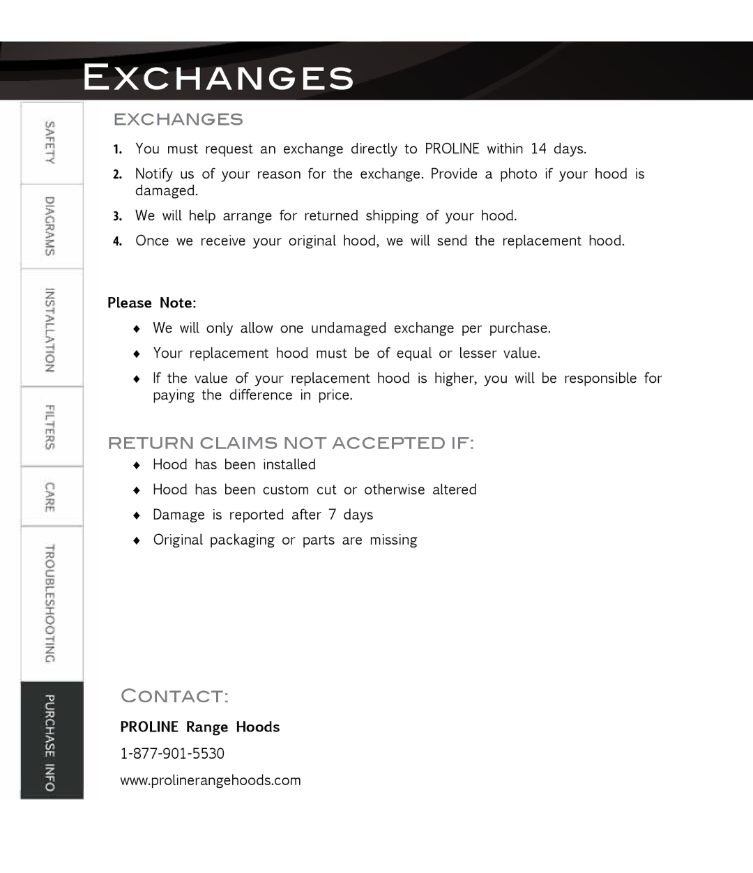 Proline PLFI543, PLFI750, PLFW812, PLFW544 Exchanges, Return Claims not Accepted if, Please Note, Proline Range Hoods 